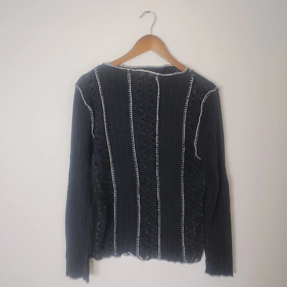 Oli & Hali Ribbed Knit Lace Top Womens Medium Gray Contrast Stitch Boho Grunge - Picture 1 of 9